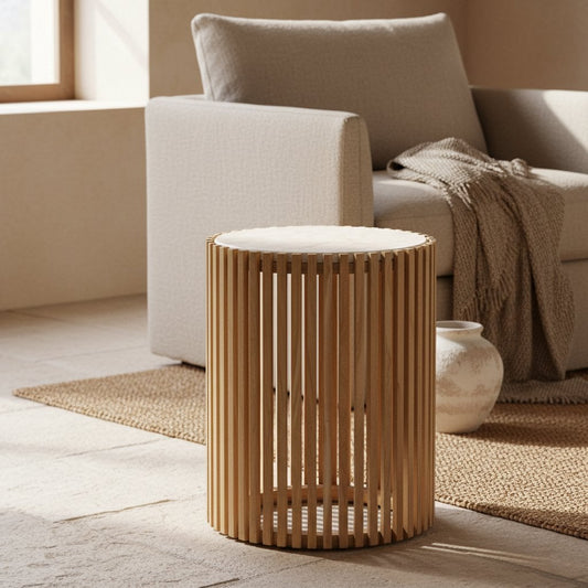 Bijzettafel Infinity Rond Marmer - Sungkai hout onderstel - Bijzettafel - BUVV Home