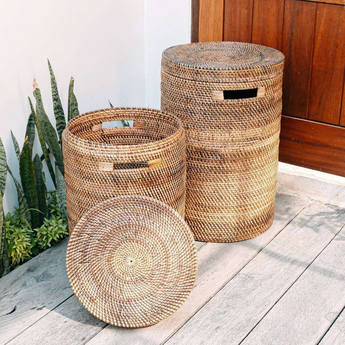 Grote wasmand met deksel - geweven ronde mand - bruine boho opslagmand - decoratieve rotan mand (2 maten Ø 36/40 cm) sari (bruin) - BUVV Home
