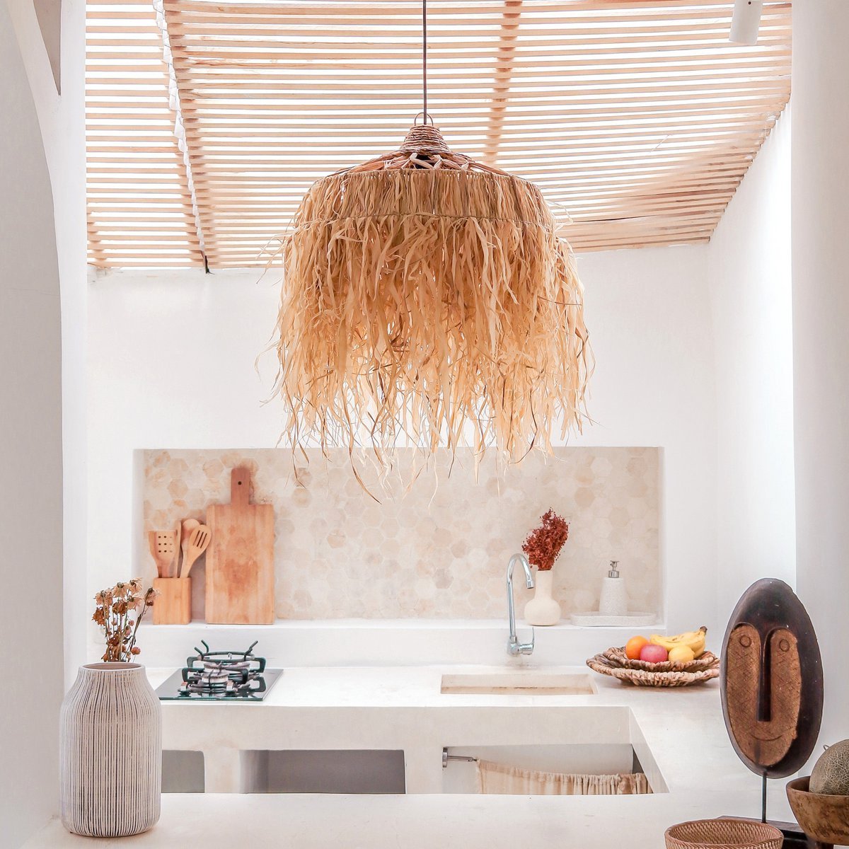 Hanglamp KAWI met Franjes - Handgevlochten Raffia (2 maten) - Lamp - BUVV Home